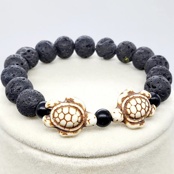 Black Lava Rock Dual Sea Turtles Beaded Stretch Elasticized Bracelet Unisex - Picture 2 of 7